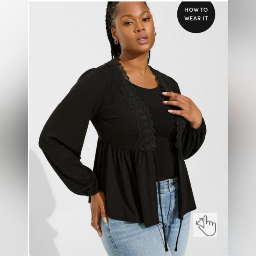 New Torrid 0X(12W)Soft Rib V-Neck Lace Trim Tie Front Long Sleeve Babydoll Top